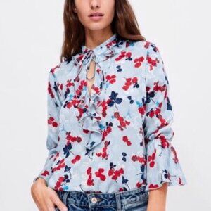 Zara Blue and Red Floral Blouse